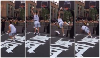 Exhibición en China: Klay Thompson trata de lucirse con un matazo… ¡y se la pega! (Vídeo)